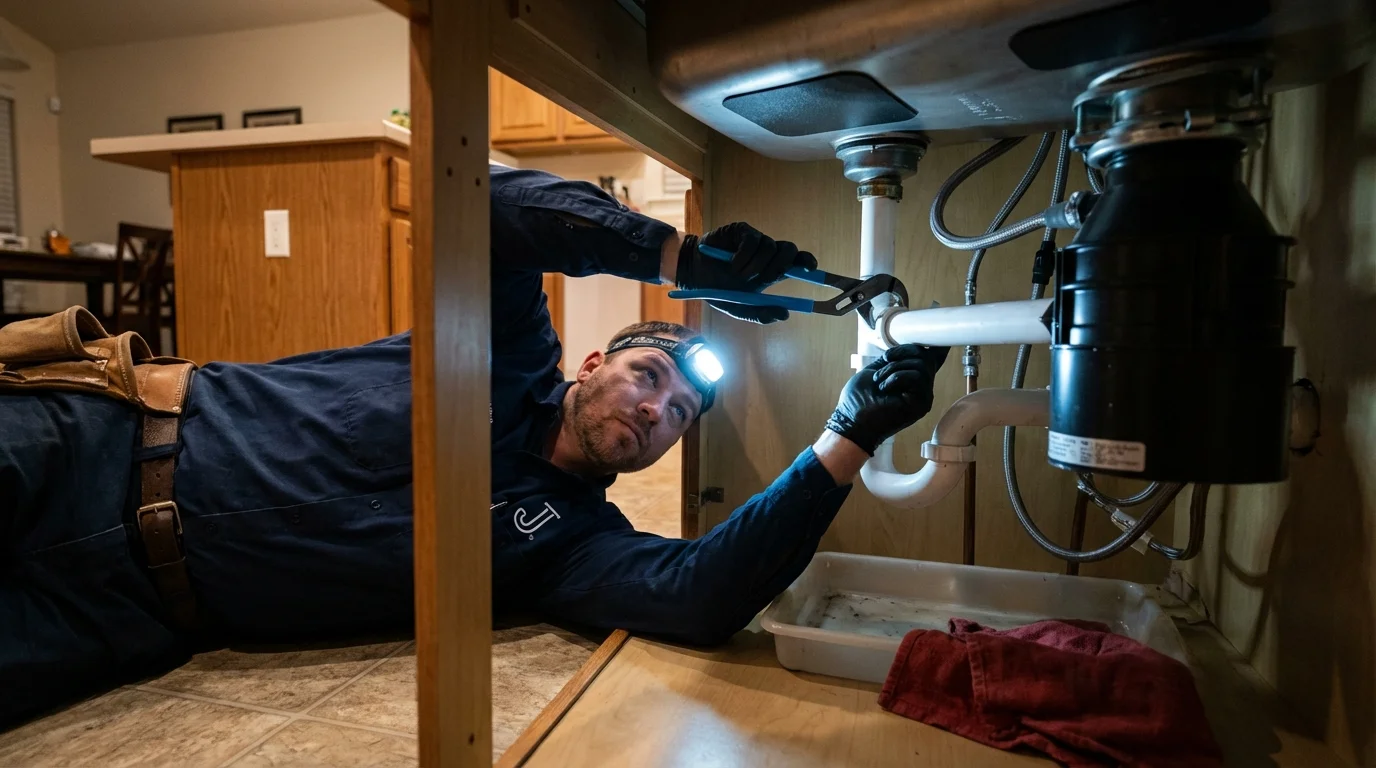 P-trap and supply line connections under a kitchen sink showing a common leak point in El Paso, TX